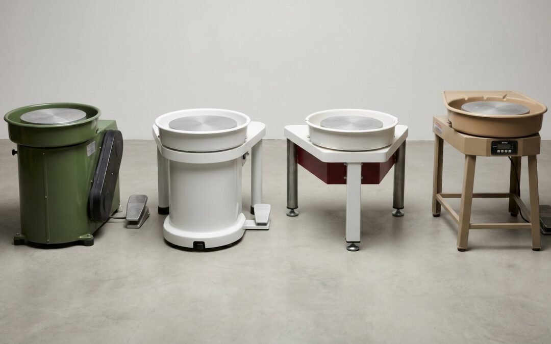 Lineup of four professional pottery wheel brands in 2026 showing distinct styling: olive green Brent, white modern Shimpo, white and red Speedball Big Boss, and tan Skutt Thomas Stuart with RPM digital display
