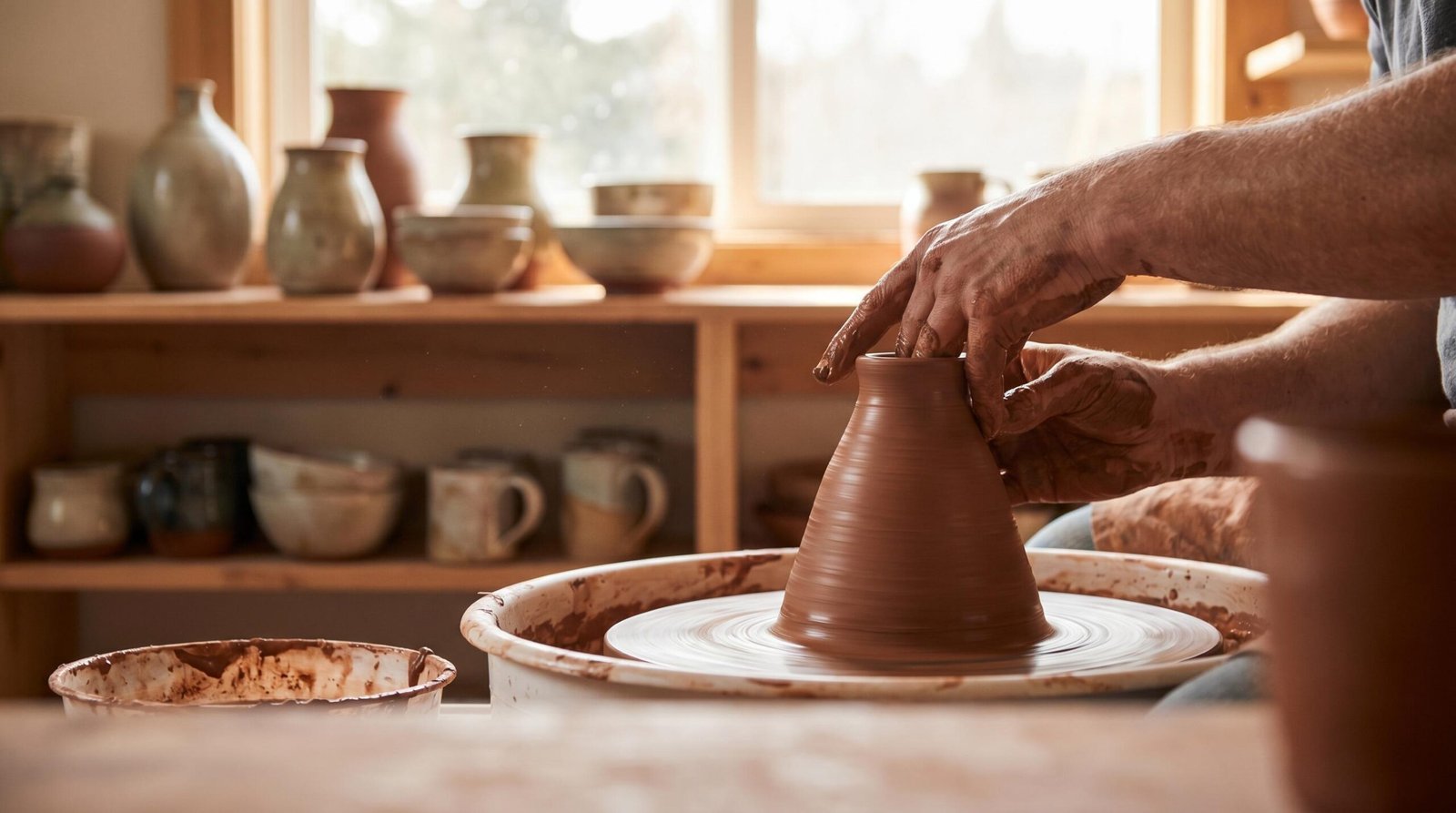 Potter's hands centering clay on a pottery wheel in a ceramics studio