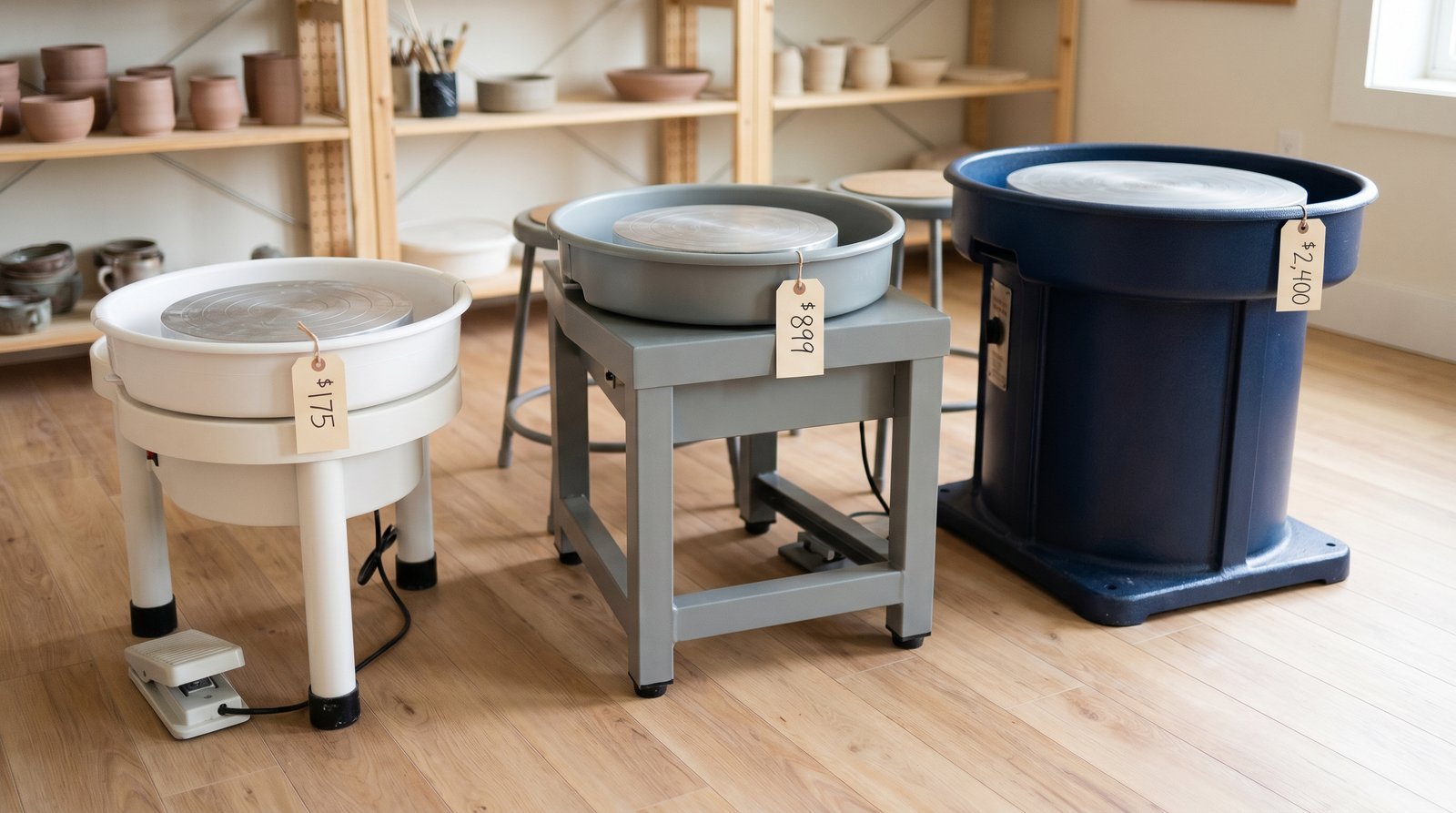 Three pottery wheels of different sizes side by side: a small budget plastic wheel, a mid-range metal-framed wheel, and a large cast-iron premium wheel, each with a visible price tag