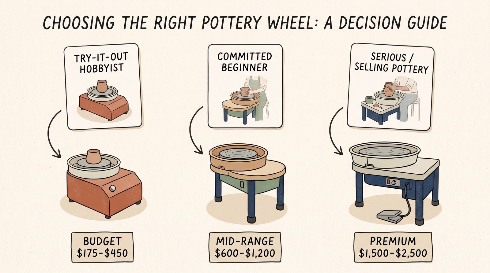 Pottery wheel buyer persona guide showing three potter types with matching wheel recommendations