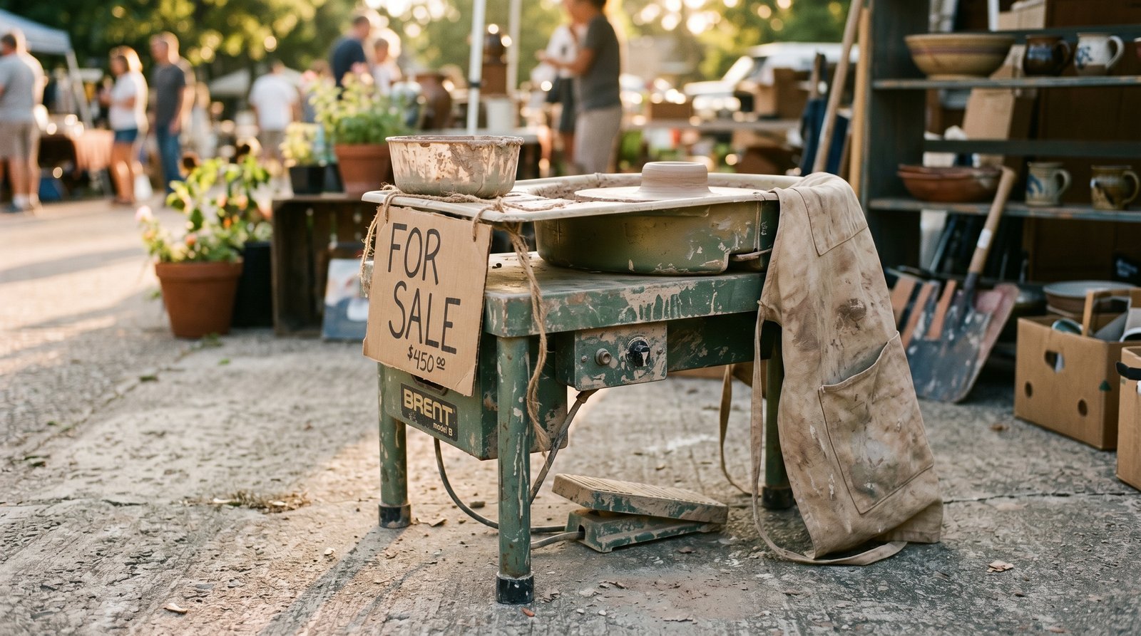 A used pottery wheel for sale at an estate sale with a handwritten for sale sign