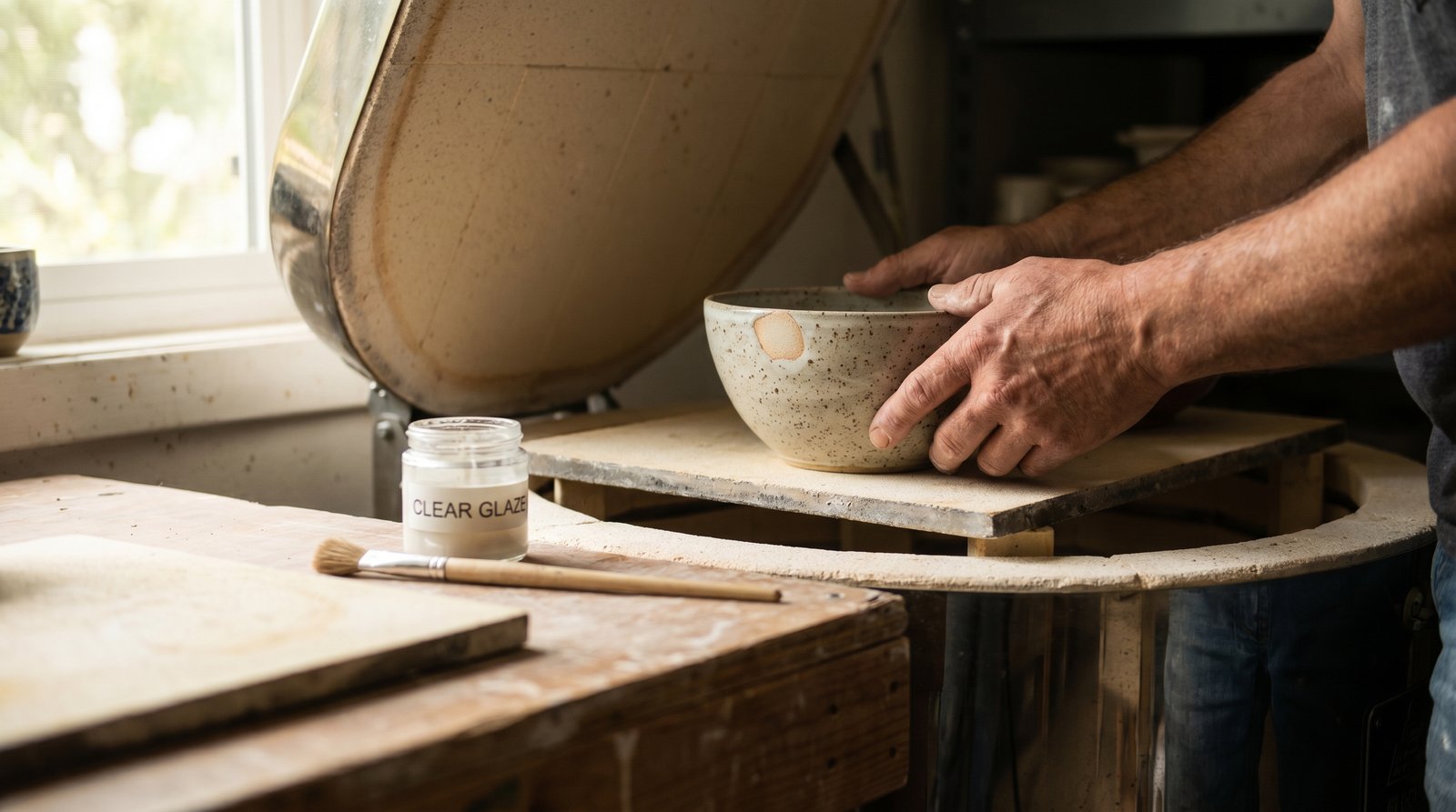 A potter carefully placing an already-glazed bowl with a small defect into an electric kiln for refire