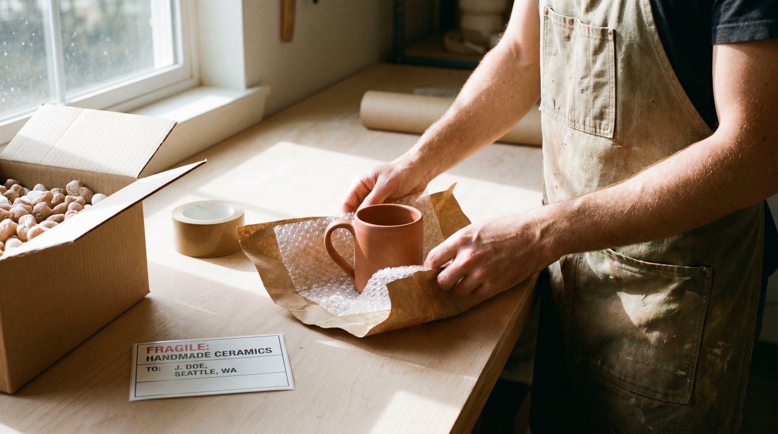 A potter wrapping a finished ceramic mug in bubble wrap for online sale shipping