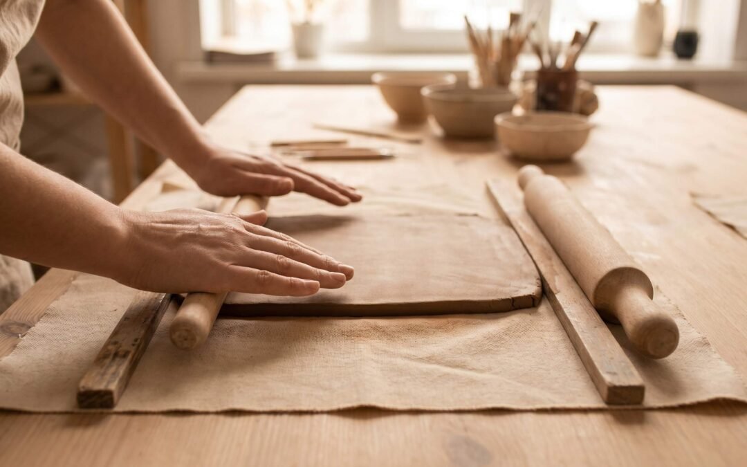 Potter rolling out a flat clay slab using guide sticks for even thickness