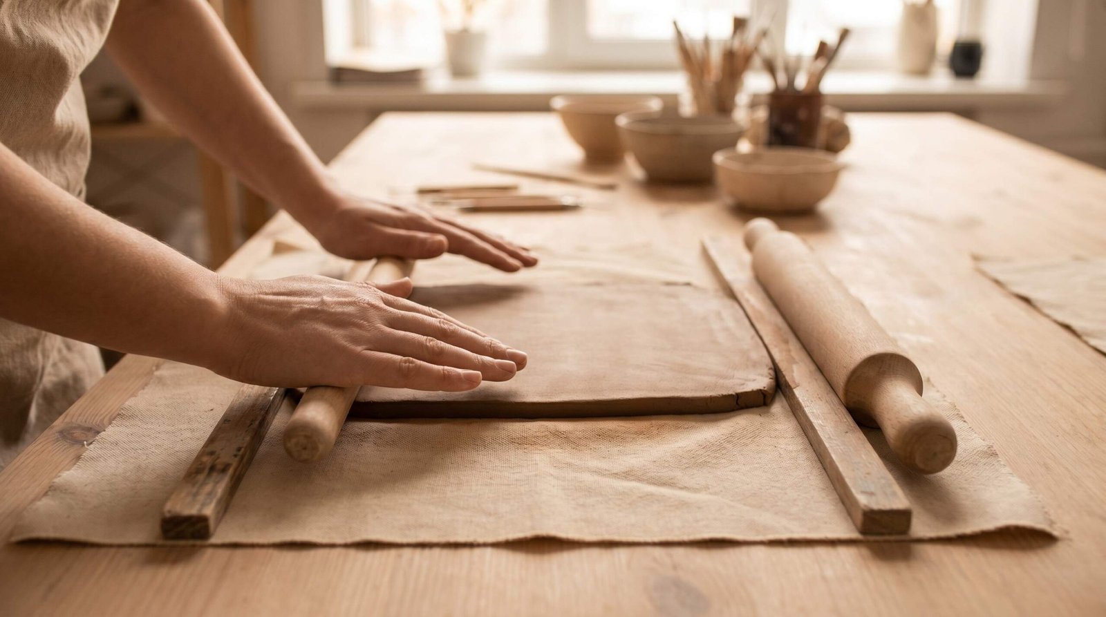 Potter rolling out a flat clay slab using guide sticks for even thickness