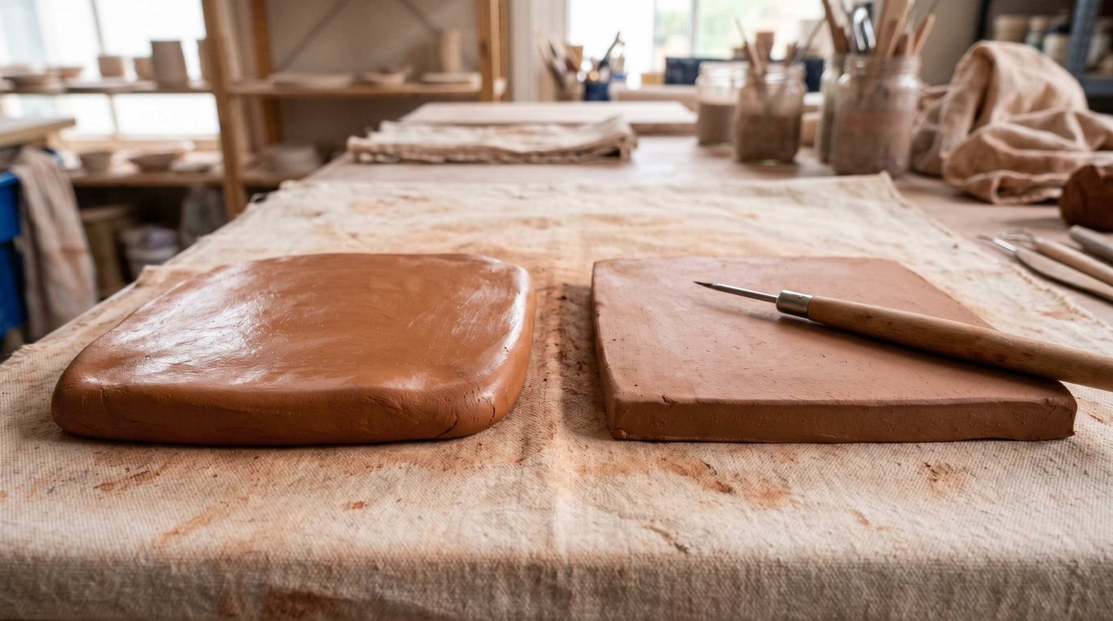 Soft Slab vs Leather-Hard Slab Comparison for Pottery Two clay slabs showing the difference between a soft fresh slab (left, shiny and pliable) and a leather-hard slab (right, matte and firm) for slab pottery