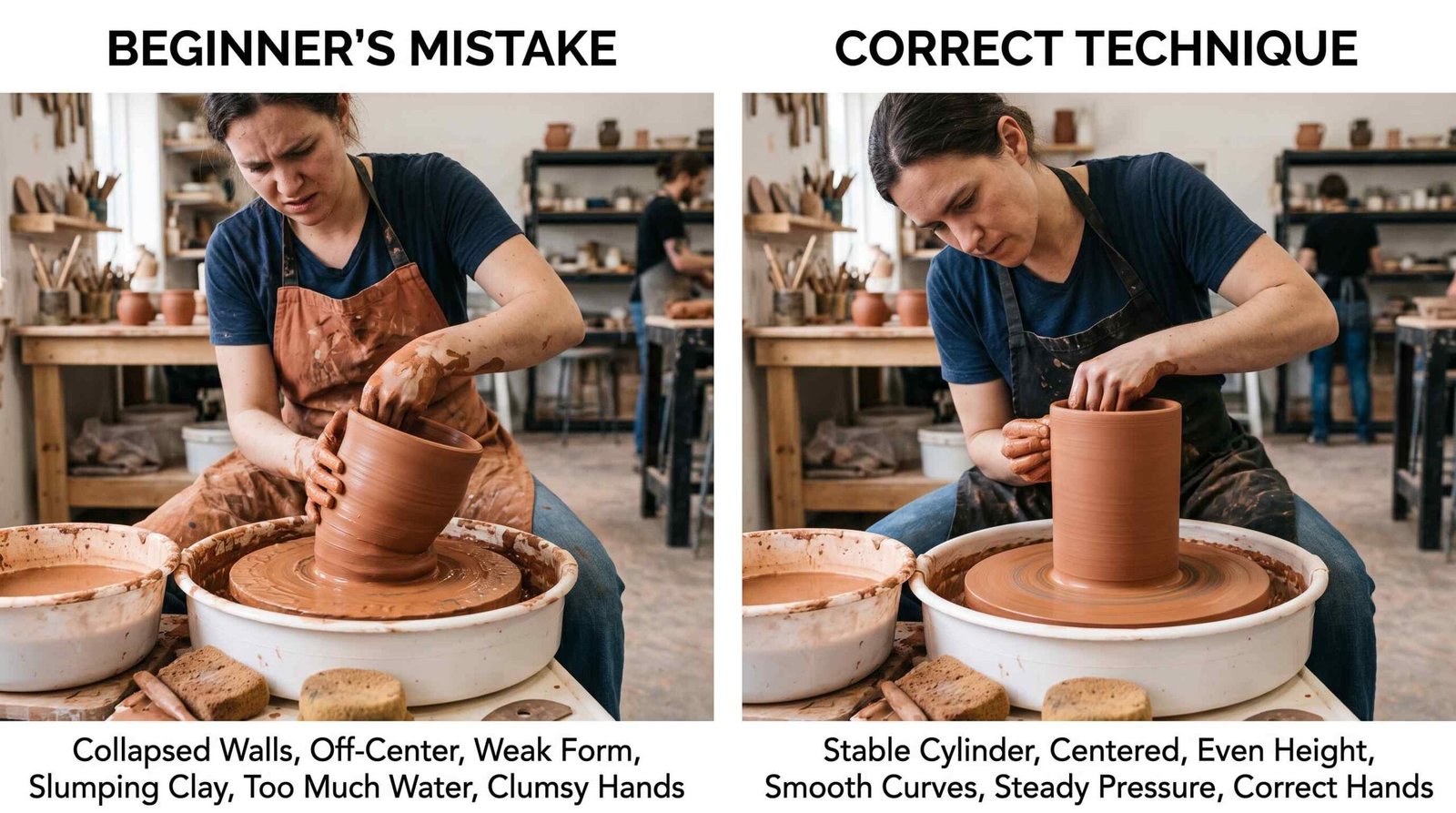 Side-by-side comparison of pottery wheel throwing mistakes versus correct technique for beginners