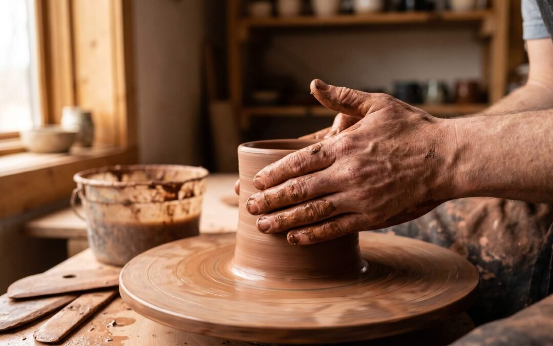 Potter's hands centering wet clay on a spinning pottery wheel during a throwing session