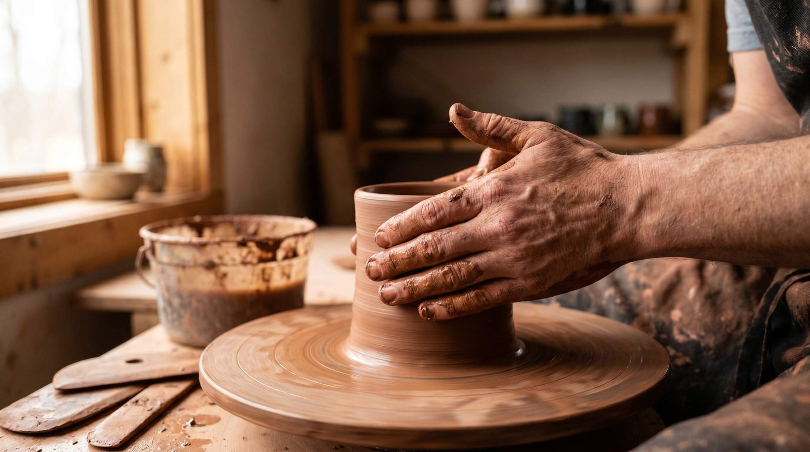 Potter's hands centering wet clay on a spinning pottery wheel during a throwing session