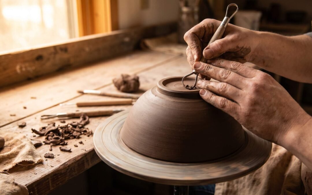 Potter using a loop tool to trim the foot ring of a stoneware bowl on a pottery wheel