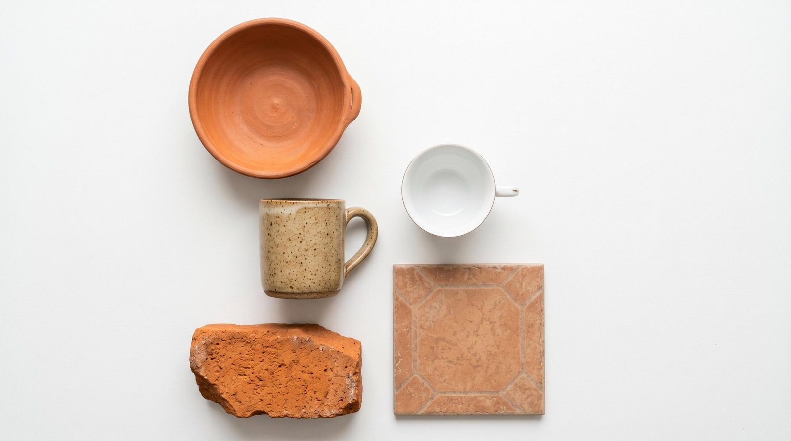 Different types of ceramics including earthenware, stoneware, porcelain, tile, and brick