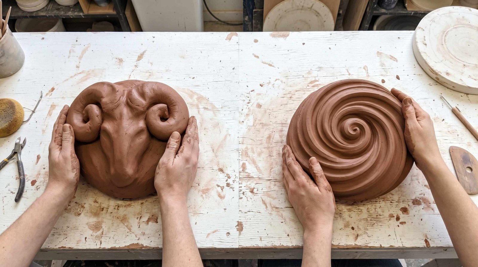 Ram's head clay wedging method on the left versus spiral chrysanthemum wedging on the right