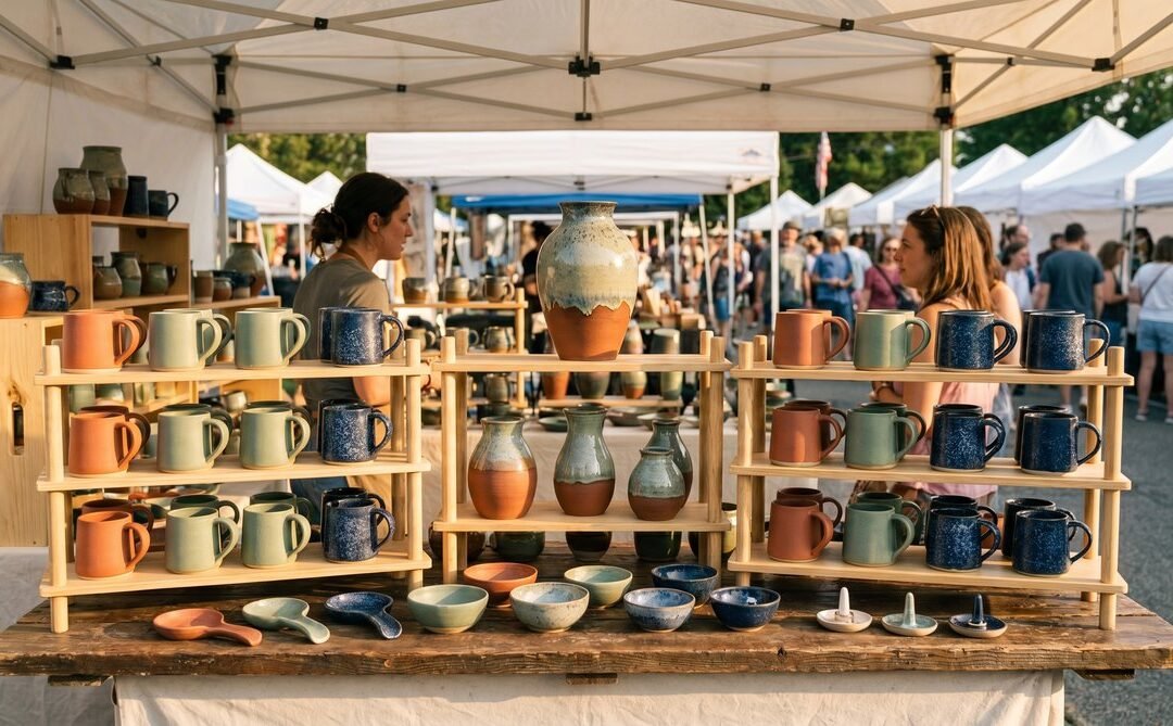 A pottery market booth at a summer craft fair showing mugs, ring holders, vases, and serving bowls arranged across a wide price range