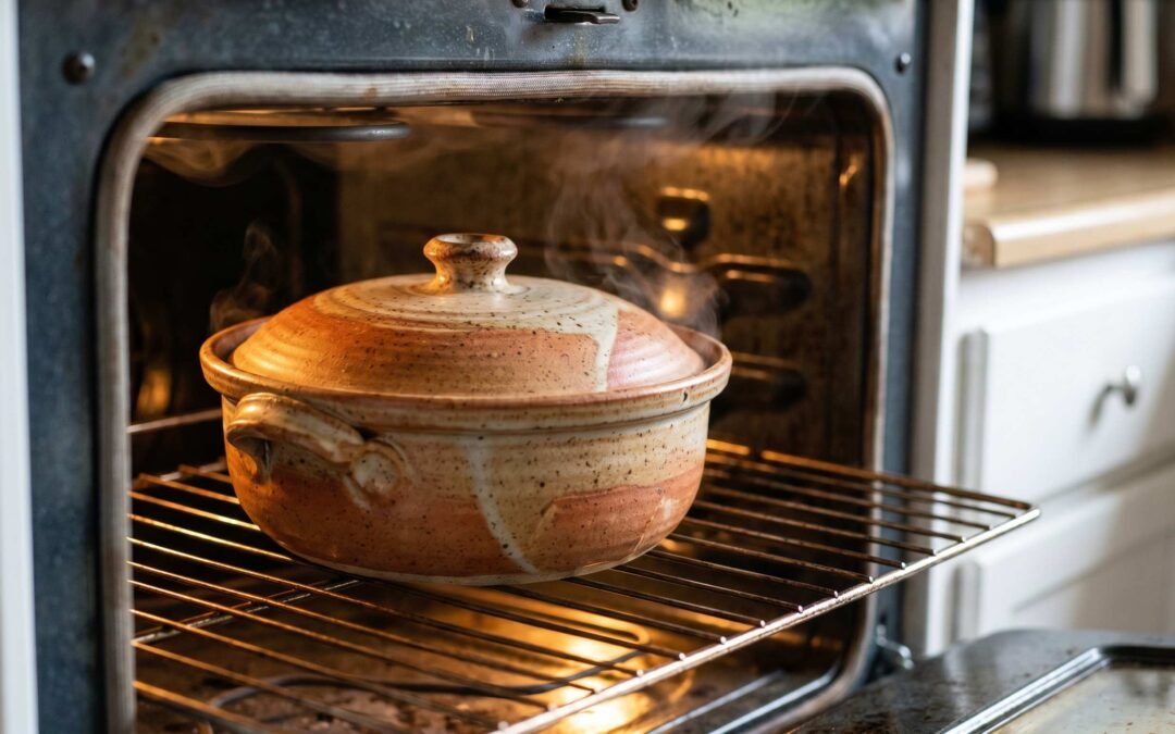 Rustic stoneware casserole dish on oven rack inside a home oven, warm golden light - pottery oven safety guide