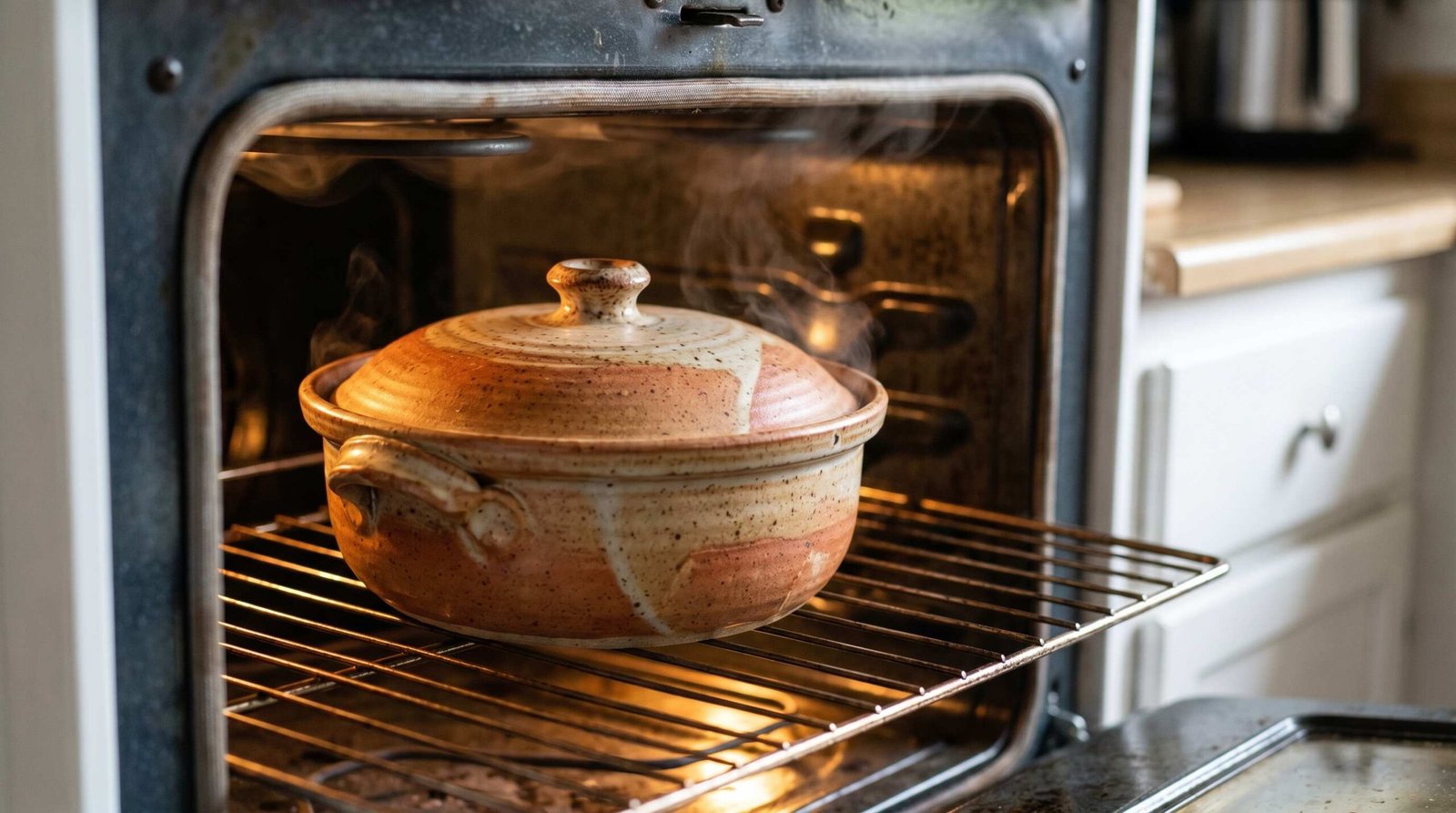 Rustic stoneware casserole dish on oven rack inside a home oven, warm golden light - pottery oven safety guide