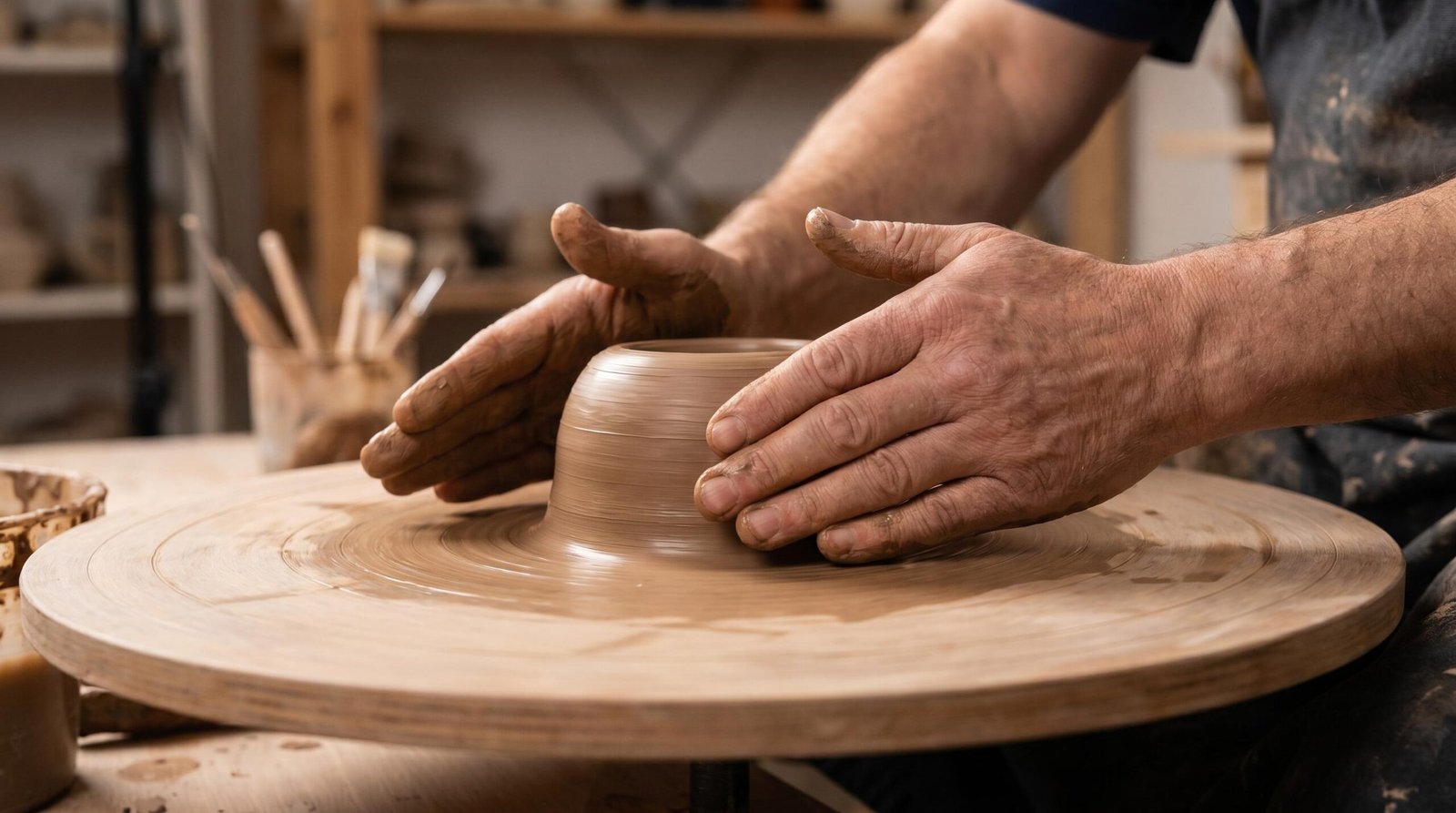 Potter's hands pressing outward on the wheel to create a wide, flat plate base
