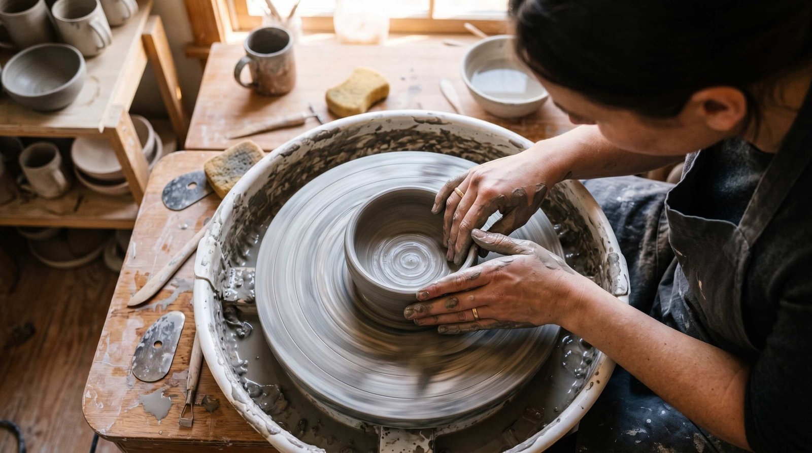 Overhead view of a beginner potter's hands centering grey stoneware clay on a spinning pottery wheel, warm studio lighting