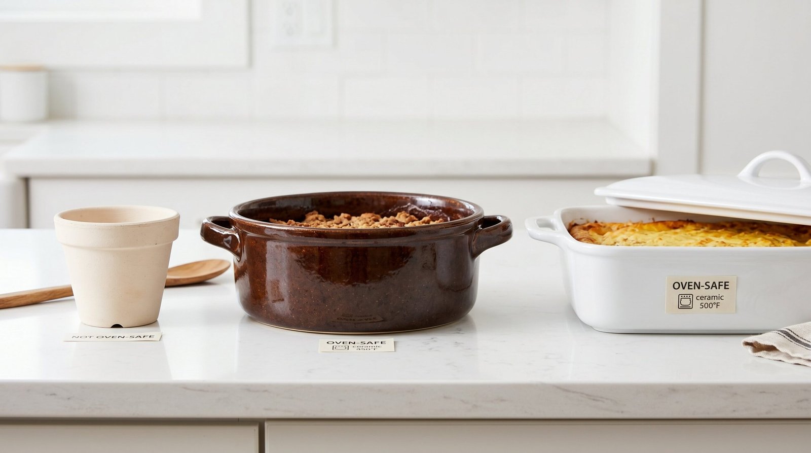 Three pottery types side by side - earthenware flower pot, stoneware baking dish, and porcelain casserole - illustrating oven safety differences by clay type