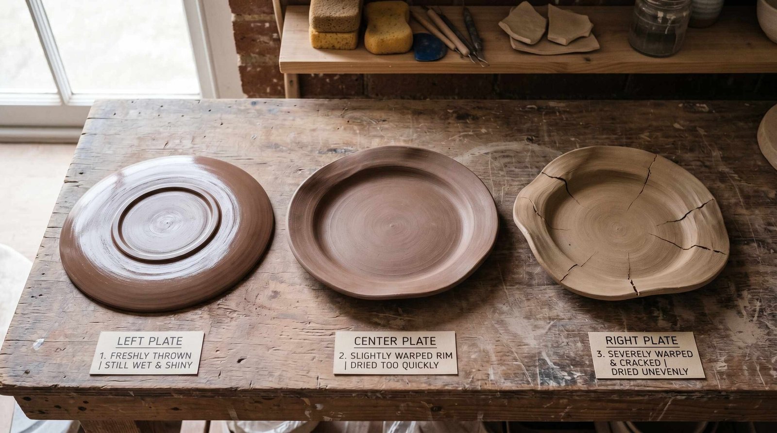 Three pottery plates showing correct flat drying, slight rim warp, and severe warping from drying too fast