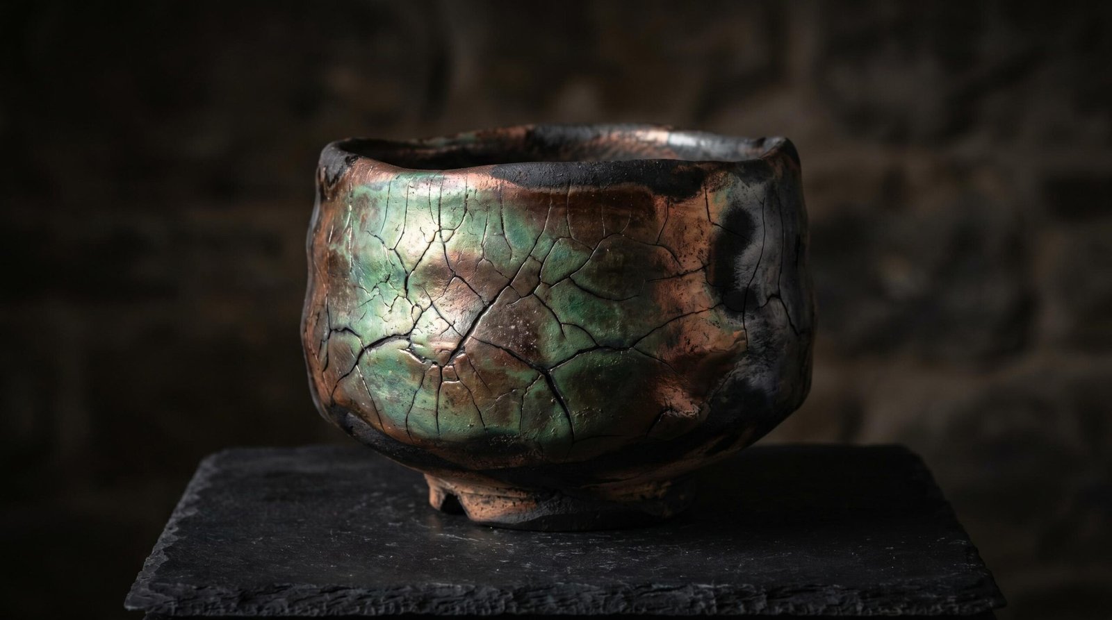 Raku pottery tea bowl with copper matte glaze showing iridescent green metallic tones and crackle patterns