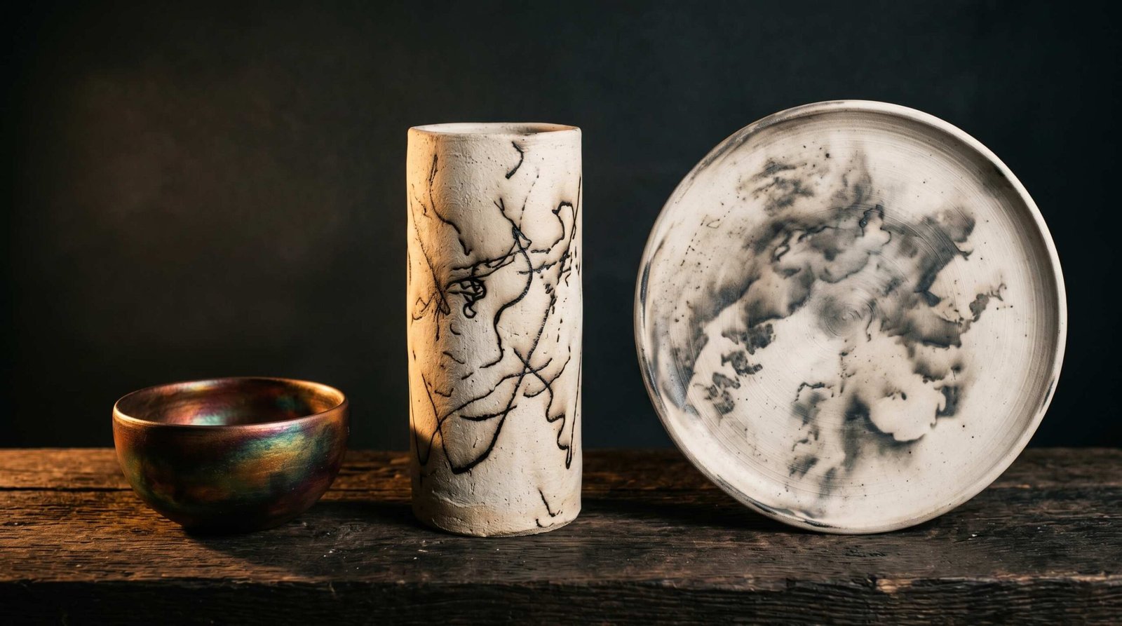 Three raku pottery styles side by side: copper matte bowl, horse hair carbon streak vase, and naked raku smoke-patterned plate