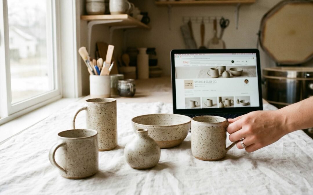 Pottery pieces arranged for Etsy product photography with natural window light and a laptop showing an Etsy shop in the background