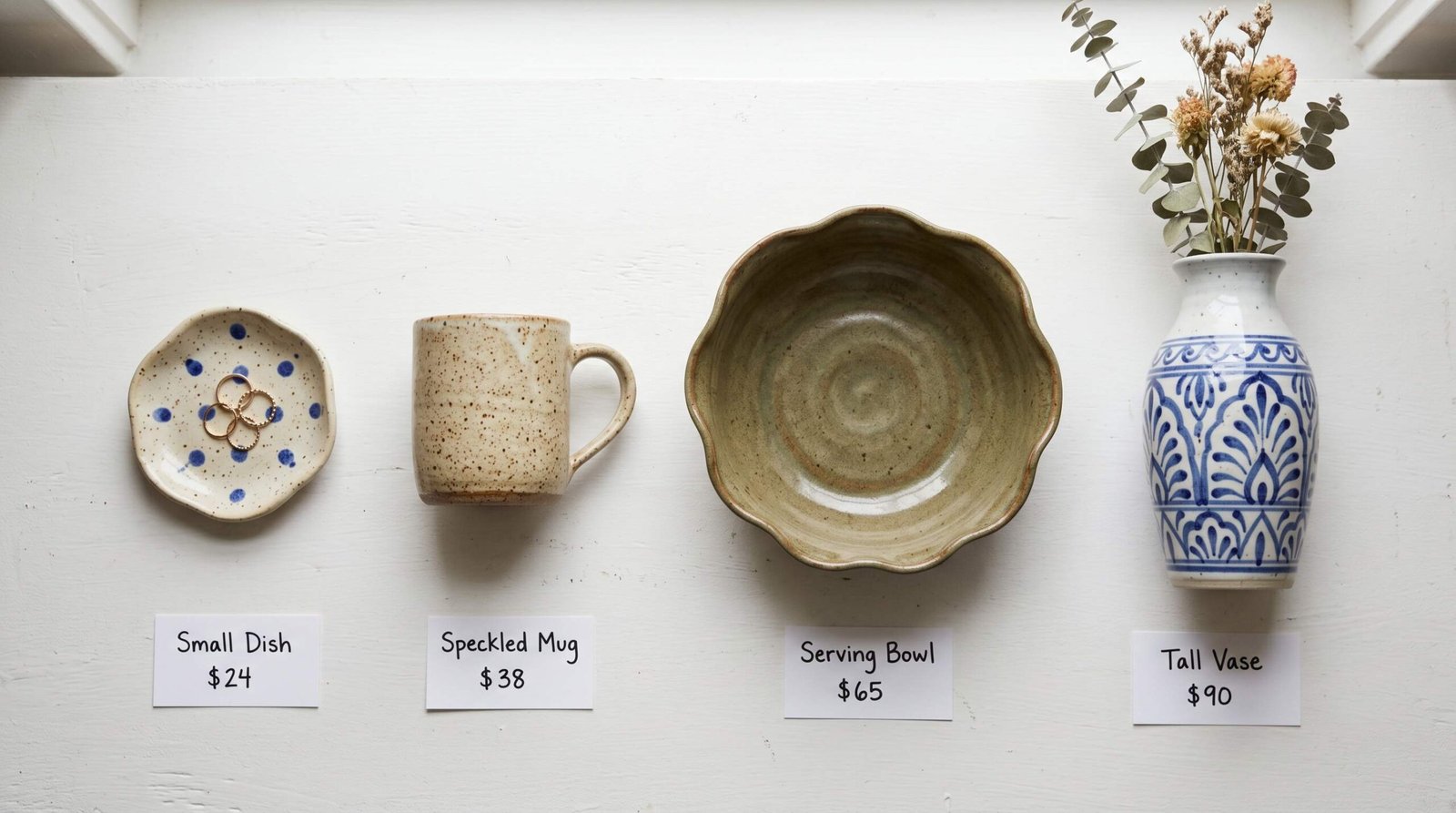 Pottery Price Tiers for Etsy: From Jewelry Dish to Ceramic Vase Four handmade pottery items arranged by price tier from left to right: a small jewelry dish, a stoneware mug, a ceramic bowl, and a ceramic vase