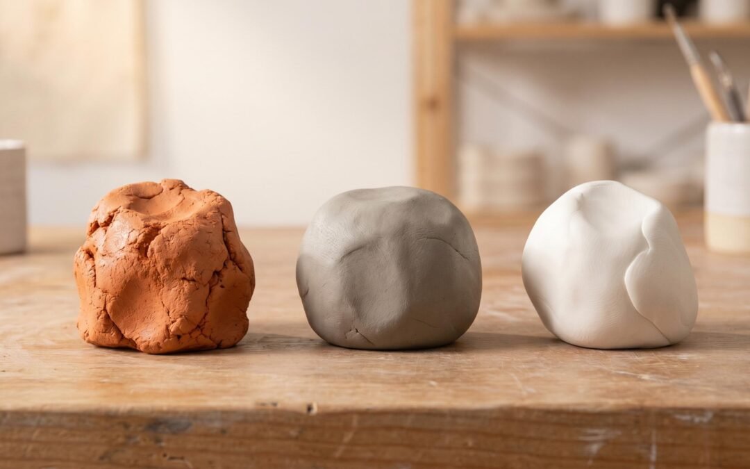 Three pottery clay types side by side on a wood workbench: earthenware on the left in warm terracotta-orange, stoneware in the center in neutral grey, and porcelain on the right in bright white