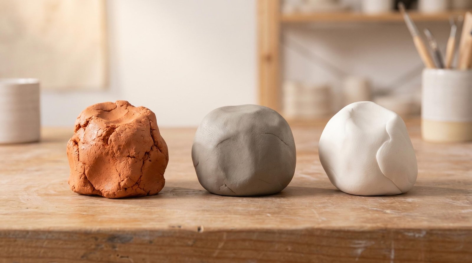 Three pottery clay types side by side on a wood workbench: earthenware on the left in warm terracotta-orange, stoneware in the center in neutral grey, and porcelain on the right in bright white