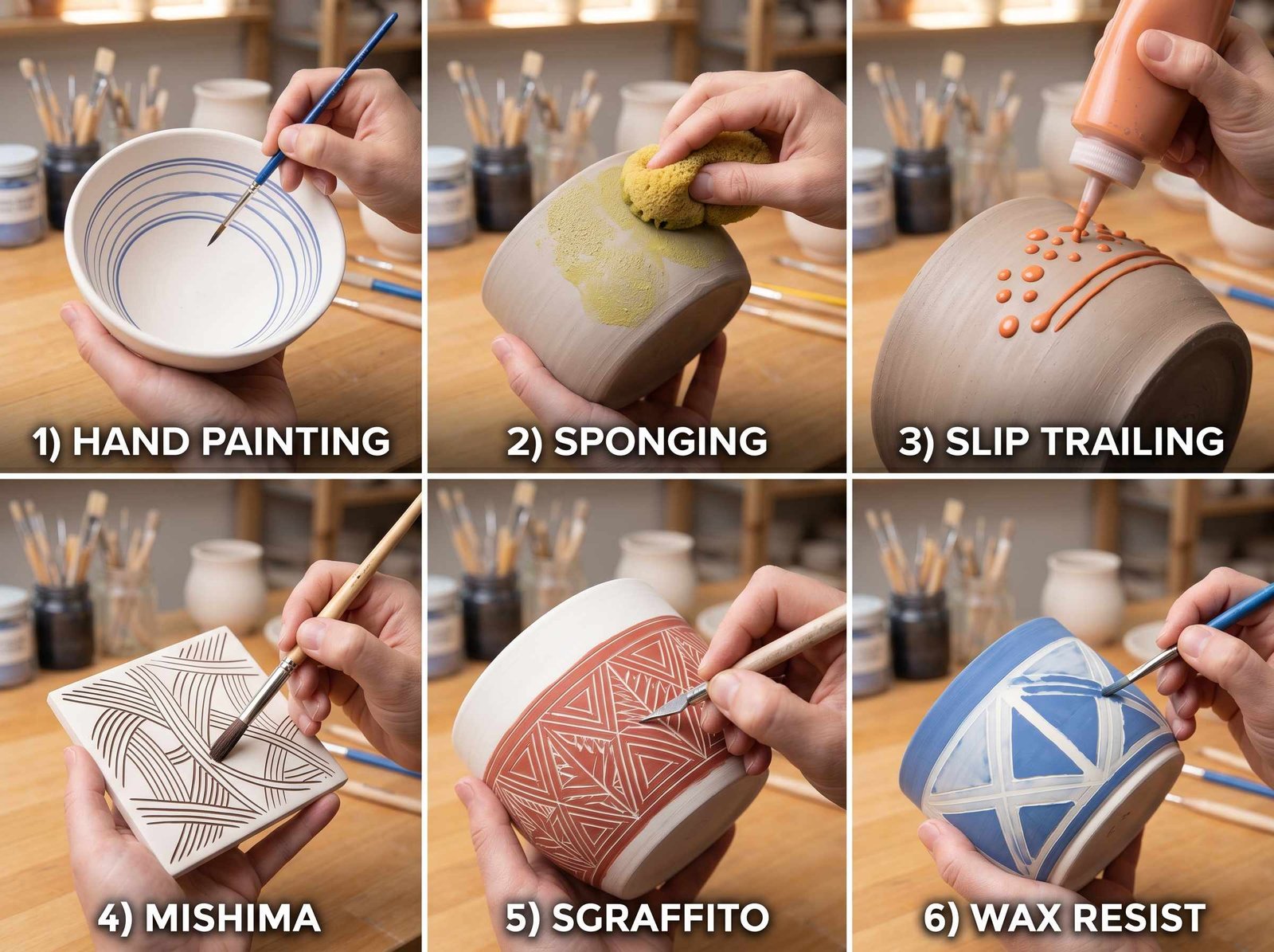 Six underglaze application techniques including brushing sponging slip trailing mishima sgraffito and wax resist