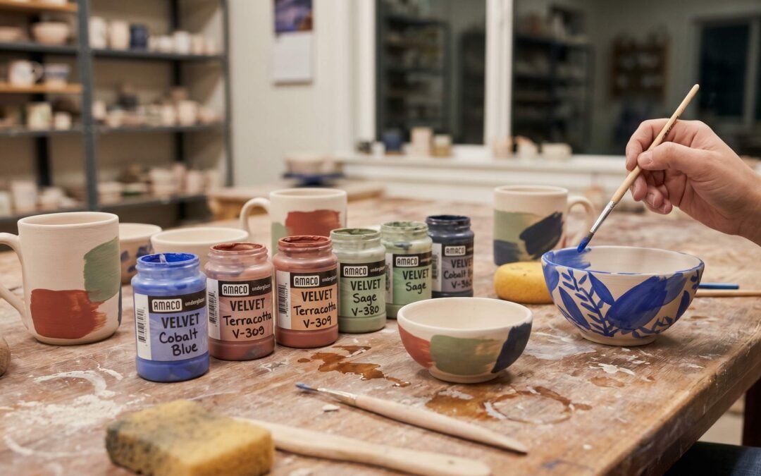 Pottery studio table with ceramic bowls being decorated with colorful underglaze paints