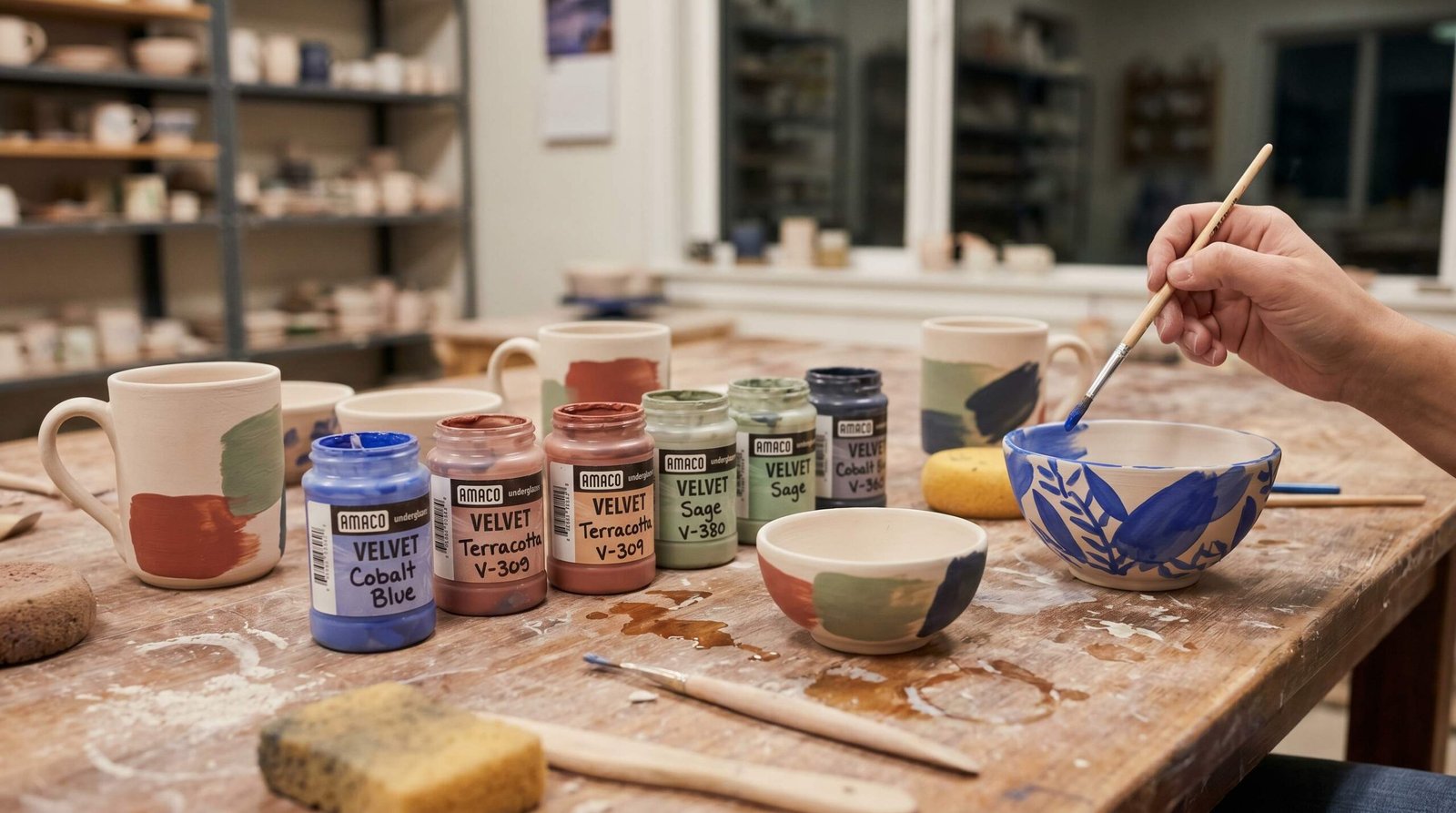 Pottery studio table with ceramic bowls being decorated with colorful underglaze paints